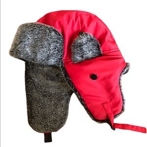 Red winter toque hat with ear flaps faux fur lined